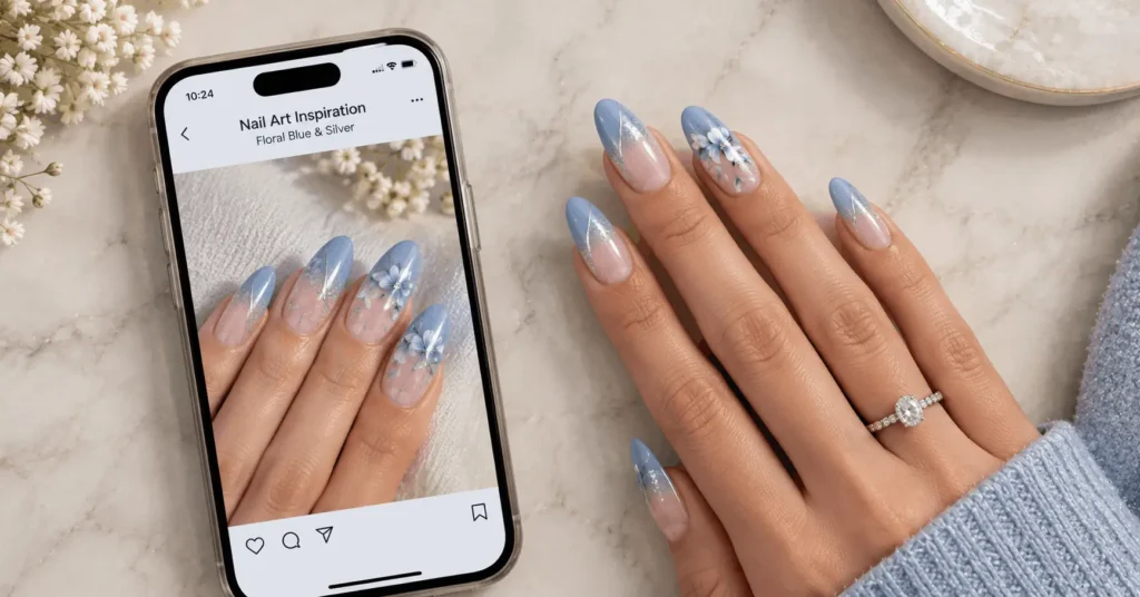 Phone showing a nail art reference photo beside the matching finished manicure