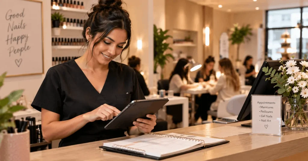 Nail technician checking a full appointment schedule at the salon front desk
