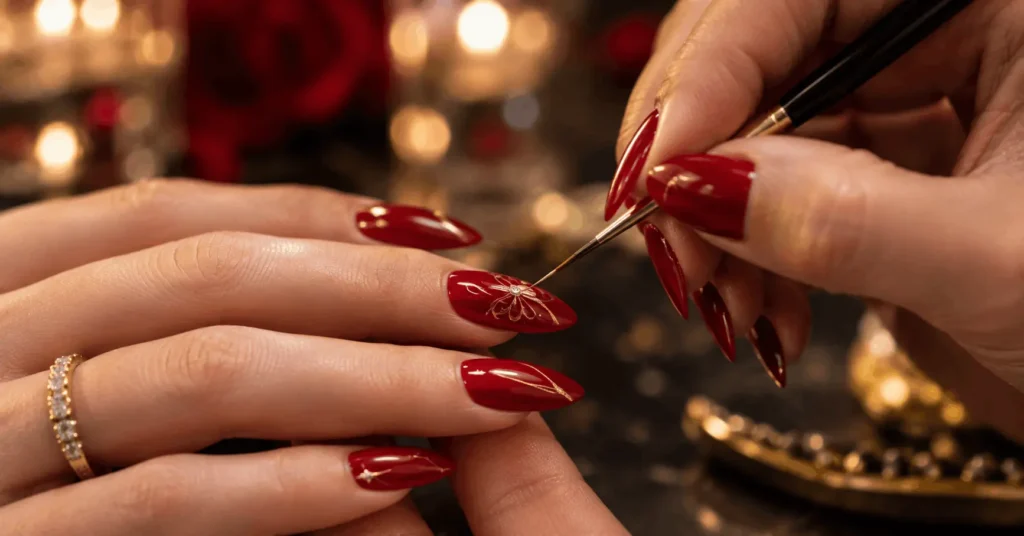 Nail artist applying intricate gold detail to a red carpet-style manicure