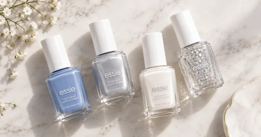 Periwinkle blue, icy silver, and glitter nail polish bottles for Cinderella nails