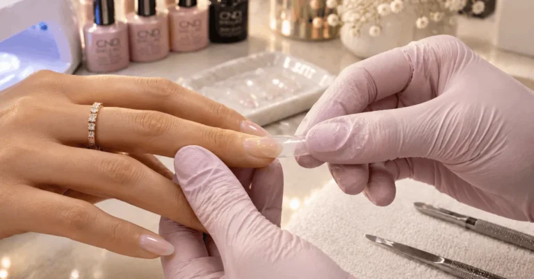 Nail technician applying a Gel-X soft gel tip extension to a natural nail