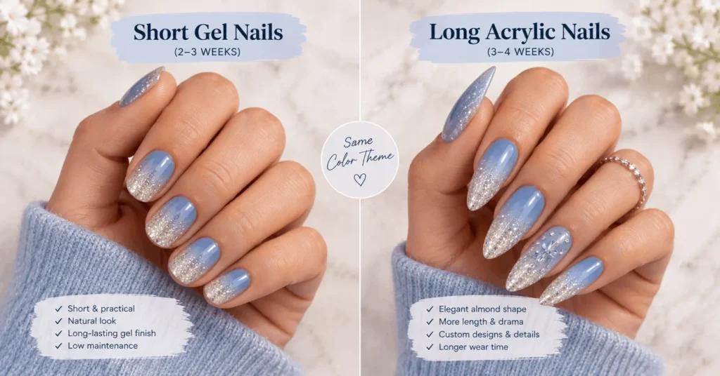 Comparison of gel versus acrylic Cinderella nails in blue and silver