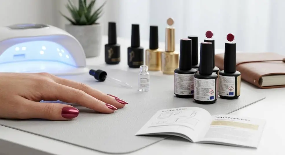 Magpie Nails gel products and LED lamp representing TPO and gel formulation awareness.