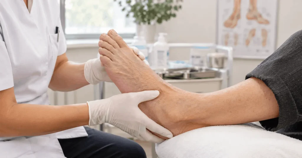 Podiatrist examining an older adult's foot in a medical foot care setting