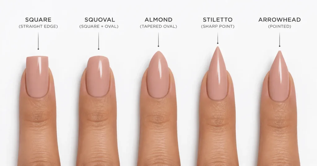 Five nail shapes compared: square, squoval, almond, stiletto, and arrowhead