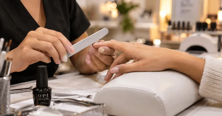 Nail technician filing a client's nails at a salon station