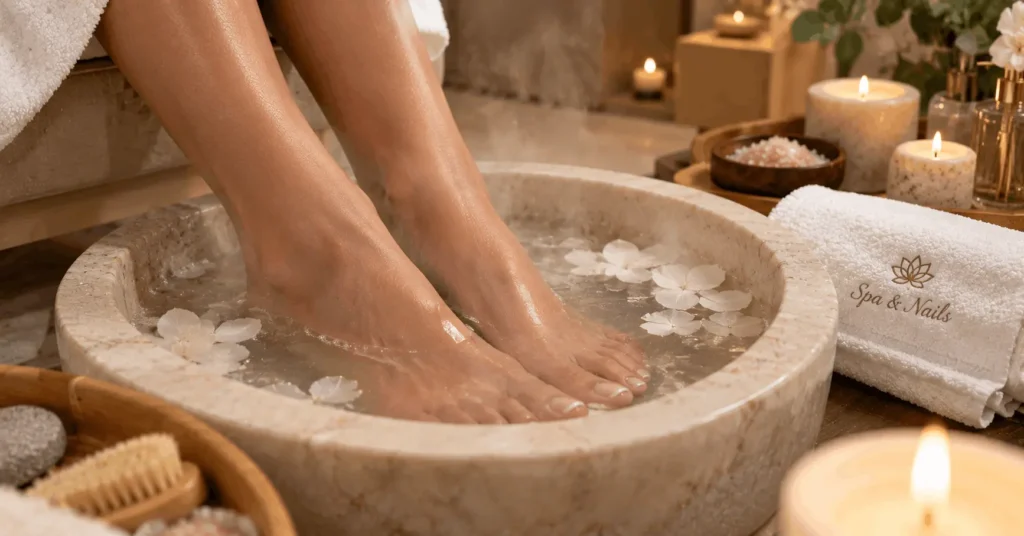 Feet soaking in a warm bath during a spa pedicure