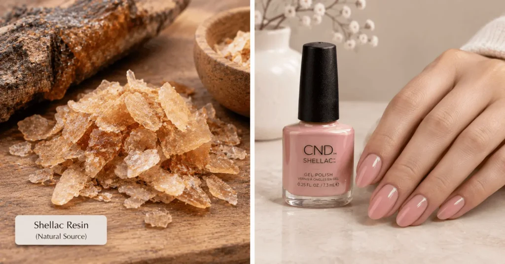 Natural shellac resin flakes beside a bottle of shellac-style nail polish