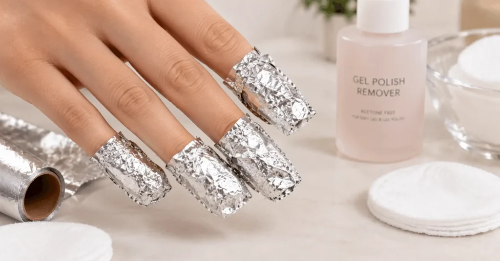Fingertips wrapped in foil with acetone-soaked cotton for safe shellac removal